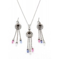 Necklace & Earrings Set – 12 Sterling Silver Dangling Crystal Necklace and Earring Set - NE-E147MIX